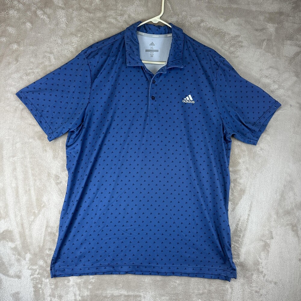 Adidas Golf Polo Shirt Mens XL Blue Allover Logo Stretch Performance Geometric
